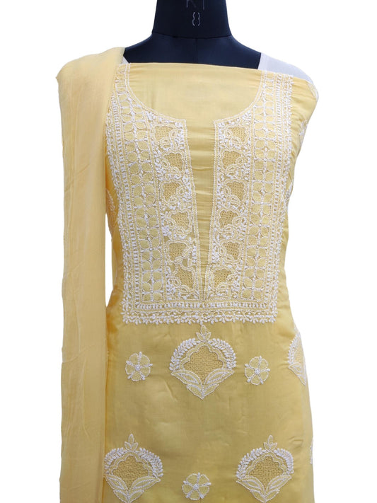 Shyamal Chikan Hand Embroidered Yellow Cotton All-Over Lucknowi Chikankari Unstitched Suit Piece With Jaali Work - S18216