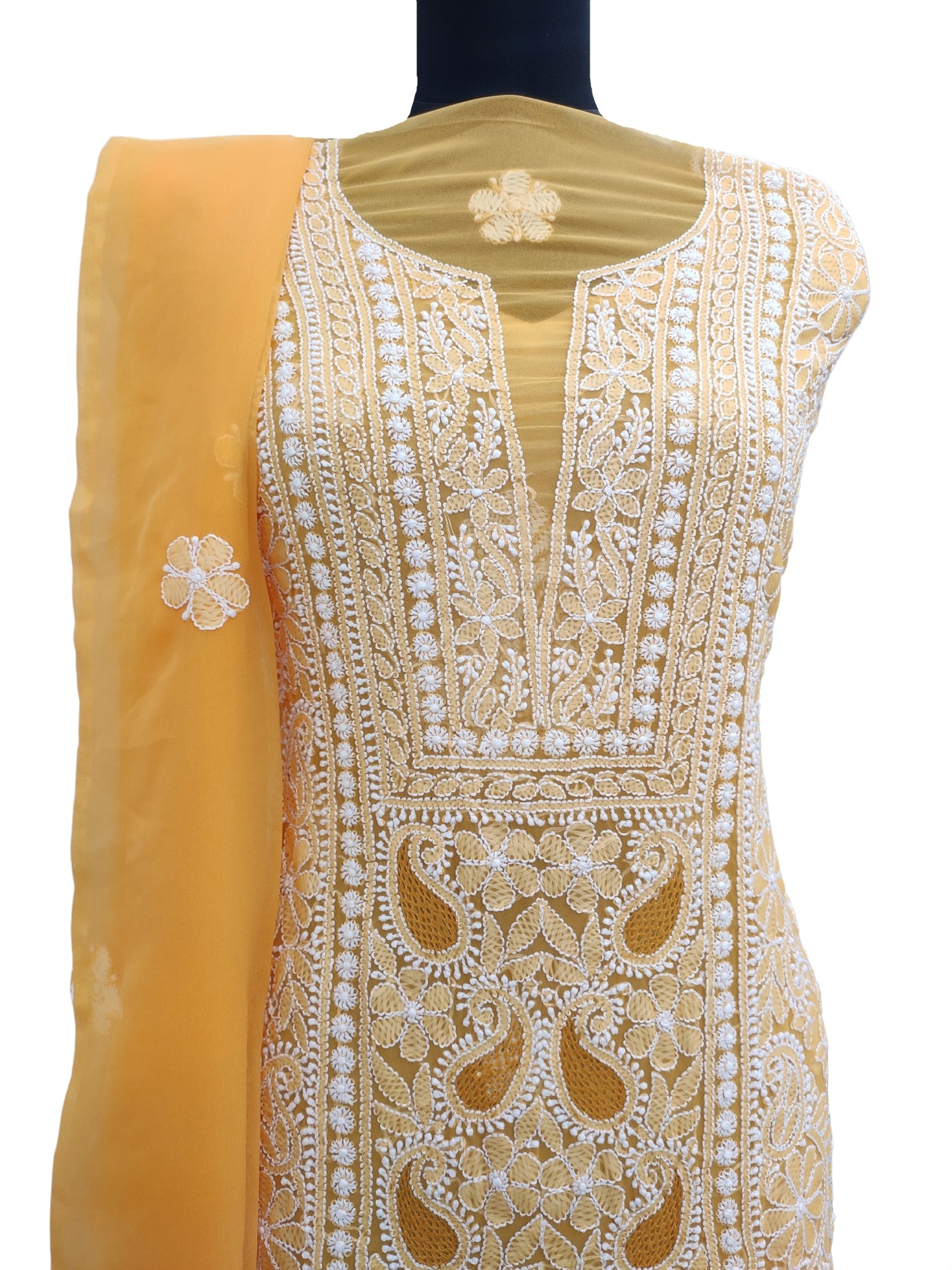 Shyamal Chikan Hand Embroidered Orange Georgette Lucknowi Chikankari Unstitched Suit Piece With Jaali Work - S12378