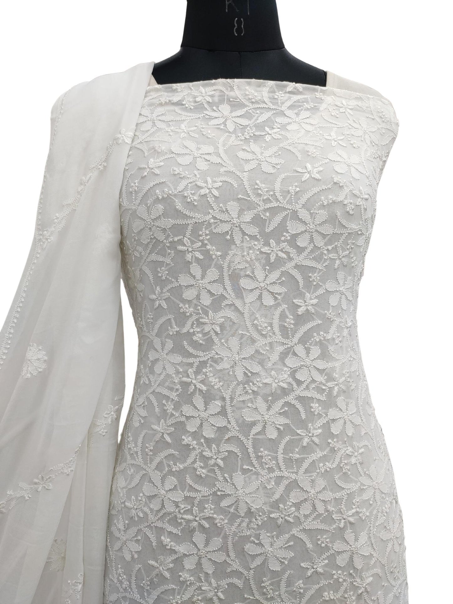 Shyamal Chikan Hand Embroidered White Viscose Georgette Lucknowi Chikankari Unstitched Suit Piece ( Kurta Dupatta Set ) - S19694