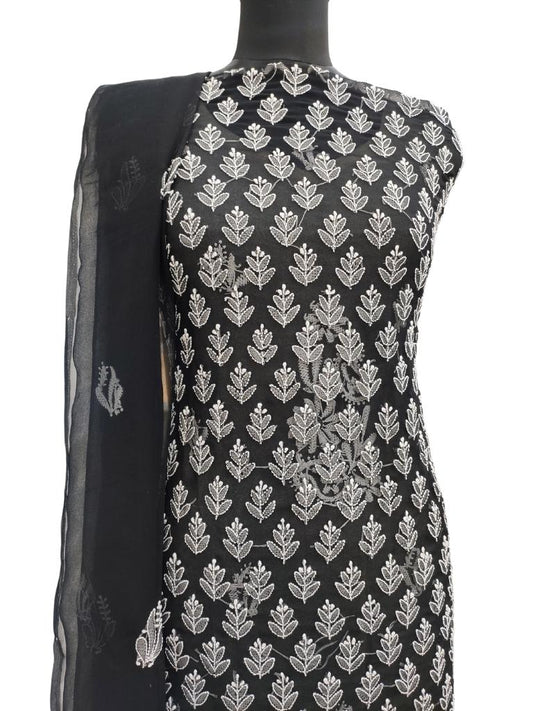 Shyamal Chikan Hand Embroidered Black Georgette Lucknowi Chikankari Unstitched Suit Piece - S14857