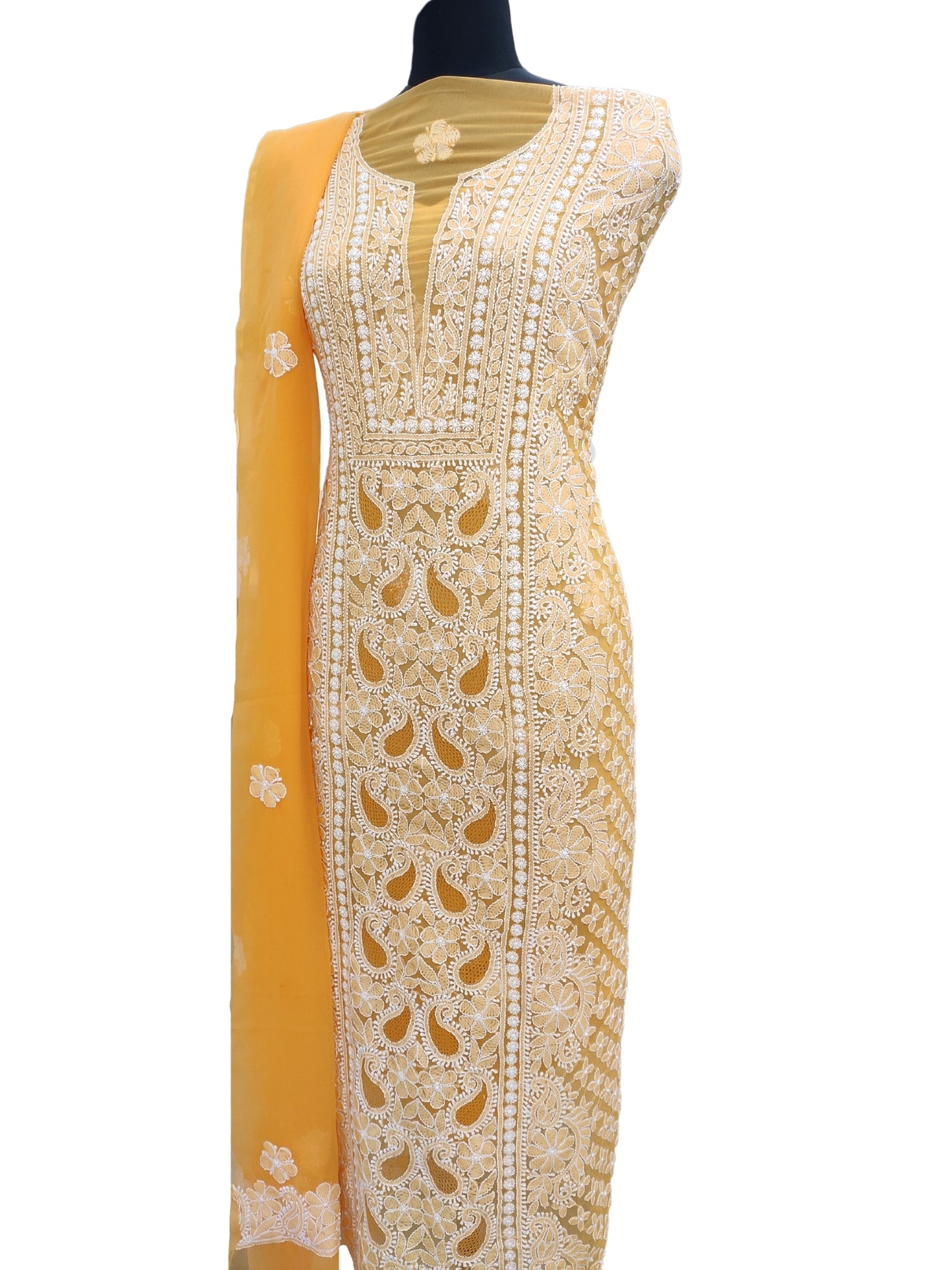 Shyamal Chikan Hand Embroidered Orange Georgette Lucknowi Chikankari Unstitched Suit Piece With Jaali Work - S12378