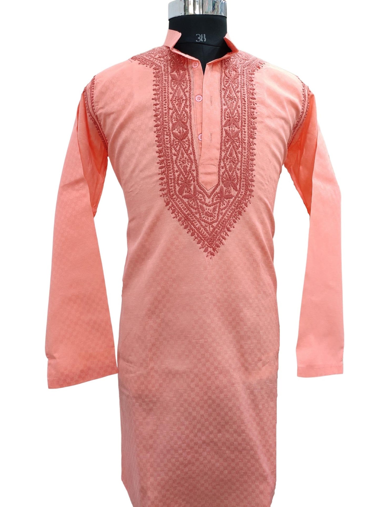 Shyamal Chikan Hand Embroidered Peach Cotton Lucknowi Chikankari Men's Kurta – S16793