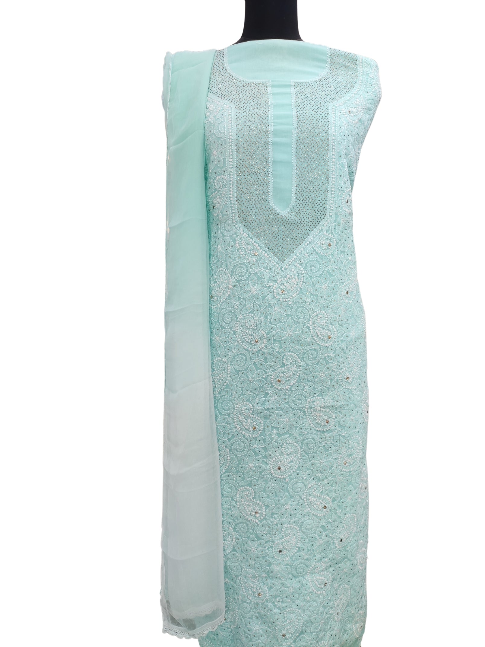 Shyamal Chikan Hand Embroidered Sea Green Cotton Lucknowi Chikankari Unstitched Suit Piece With Mukaish Work - S12199