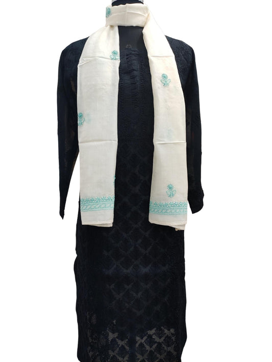 Shyamal Chikan Hand Embroidered White Pure Tusser Silk Lucknowi Chikankari Stole - S1704