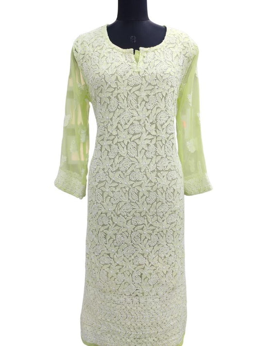 Shyamal Chikan Hand Embroidered Green Georgette Lucknowi Chikankari Kurti- S6012