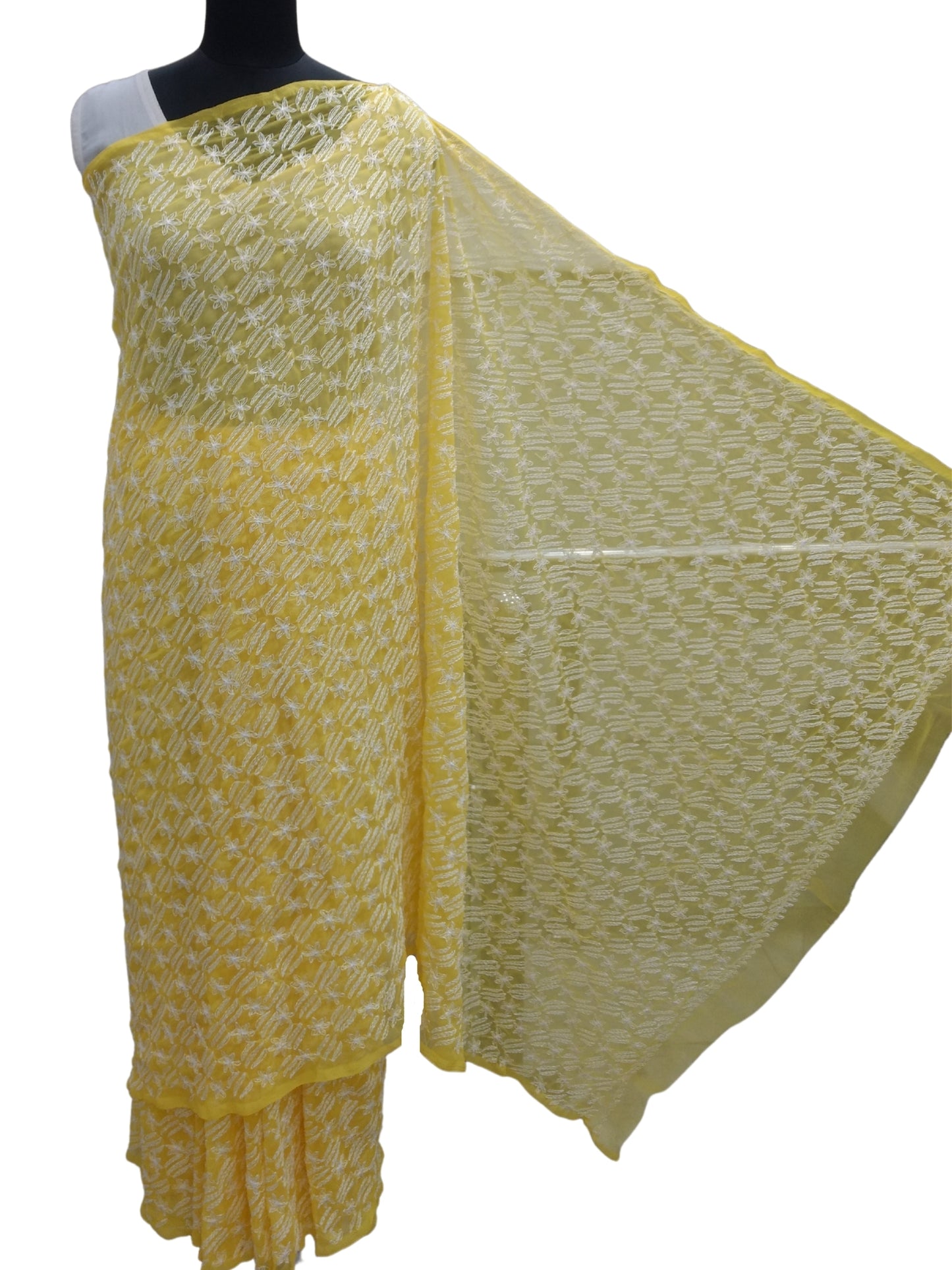 Shyamal Chikan Hand Embroidered Yellow Georgette Lucknowi Chikankari All-Over Saree With Blouse Piece and Tepchi Work - S6949