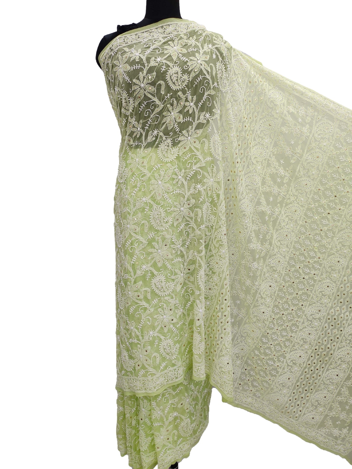 Shyamal Chikan Hand Embroidered Green High Quality Georgette Lucknowi Chikankari Full Jaal Saree With Blouse Piece And Mukaish Work - S9919