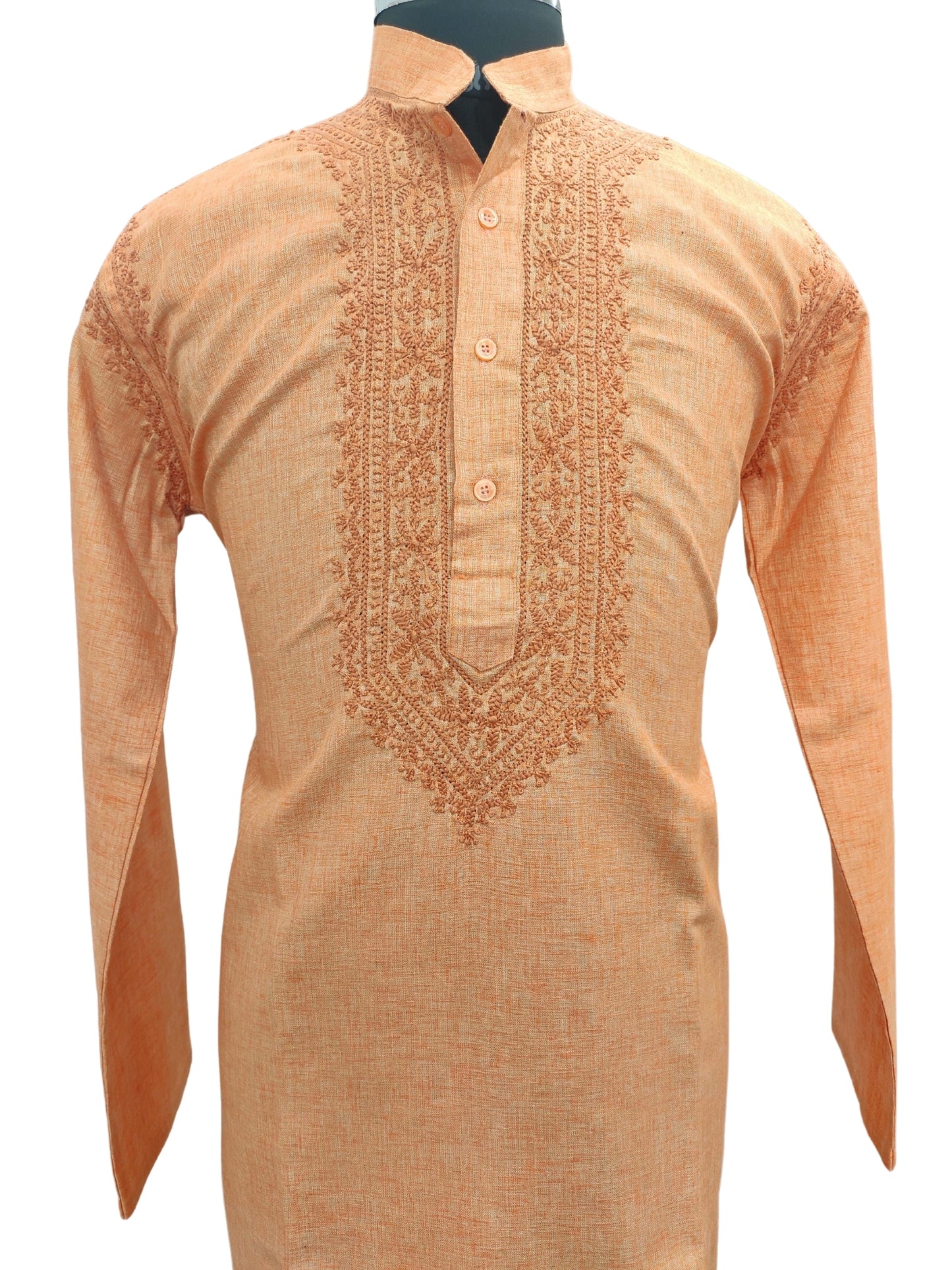 Shyamal Chikan Hand Embroidered Orange Cotton Lucknowi Chikankari Men's Kurta – S12986