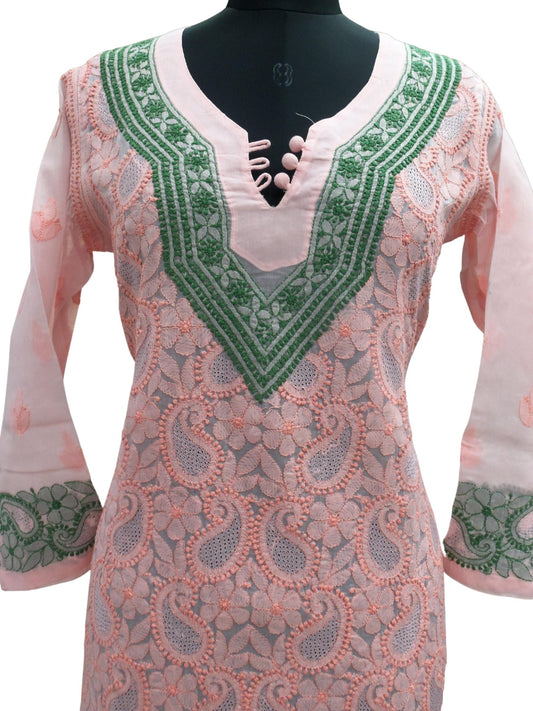 Shyamal Chikan Hand Embroidered Peach Cotton Lucknowi Chikankari Kurti- S959