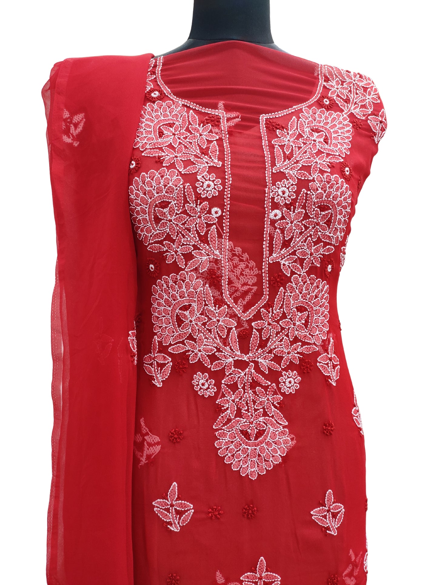 Shyamal Chikan Hand Embroidered Red Georgette Lucknowi Chikankari Unstitched Suit Piece - S15272 - Shyamal Chikan