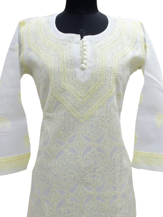 Shyamal Chikan Hand Embroidered Lemon Cotton Lucknowi Chikankari Kurti With Jaali Work- S3118