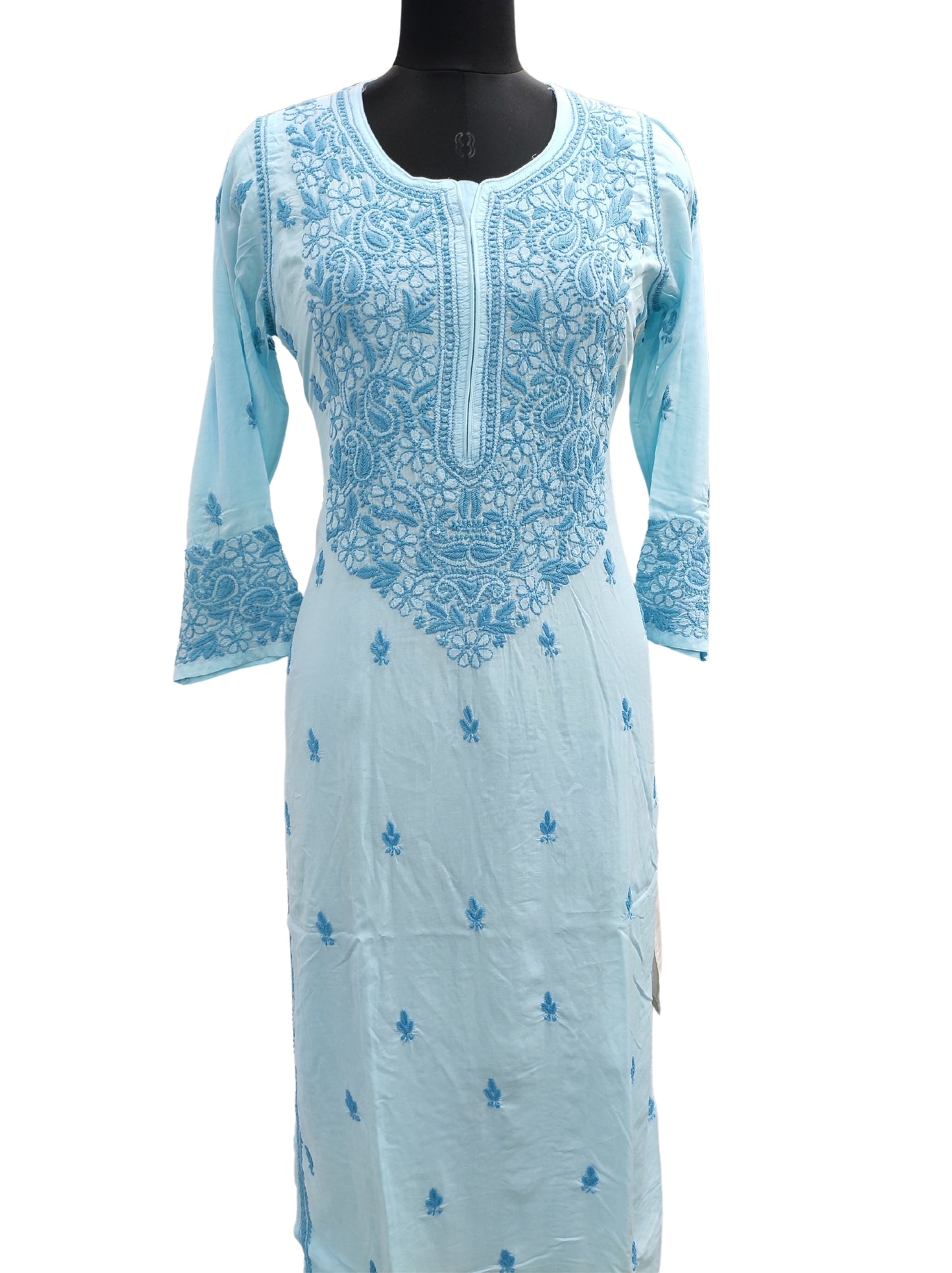 Shyamal Chikan Hand Embroidered Blue Modal Cotton Lucknowi Chikankari Kurti- S12748