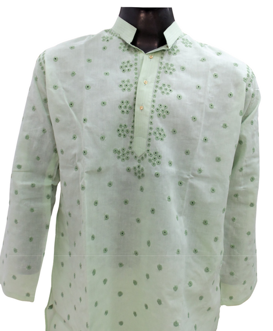 Shyamal Chikan Hand Embroidered Green Cotton Lucknowi Chikankari Men's Kurta – S1328