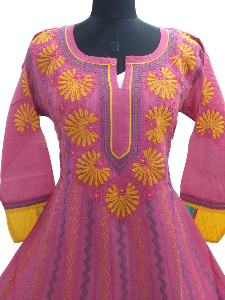 Shyamal Chikan Hand Embroidered Pink Cotton Lucknowi Chikankari Anarkali - S9141