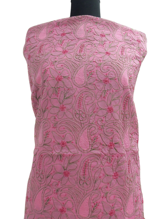 Shyamal Chikan Hand Embroidered Pink Cotton Lucknowi Chikankari Unstitched Kurta Piece With Jaali Work - S166