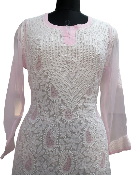 Shyamal Chikan Hand Embroidered Pink Georgette Lucknowi Chikankari Kurti With Jaali Work - S396