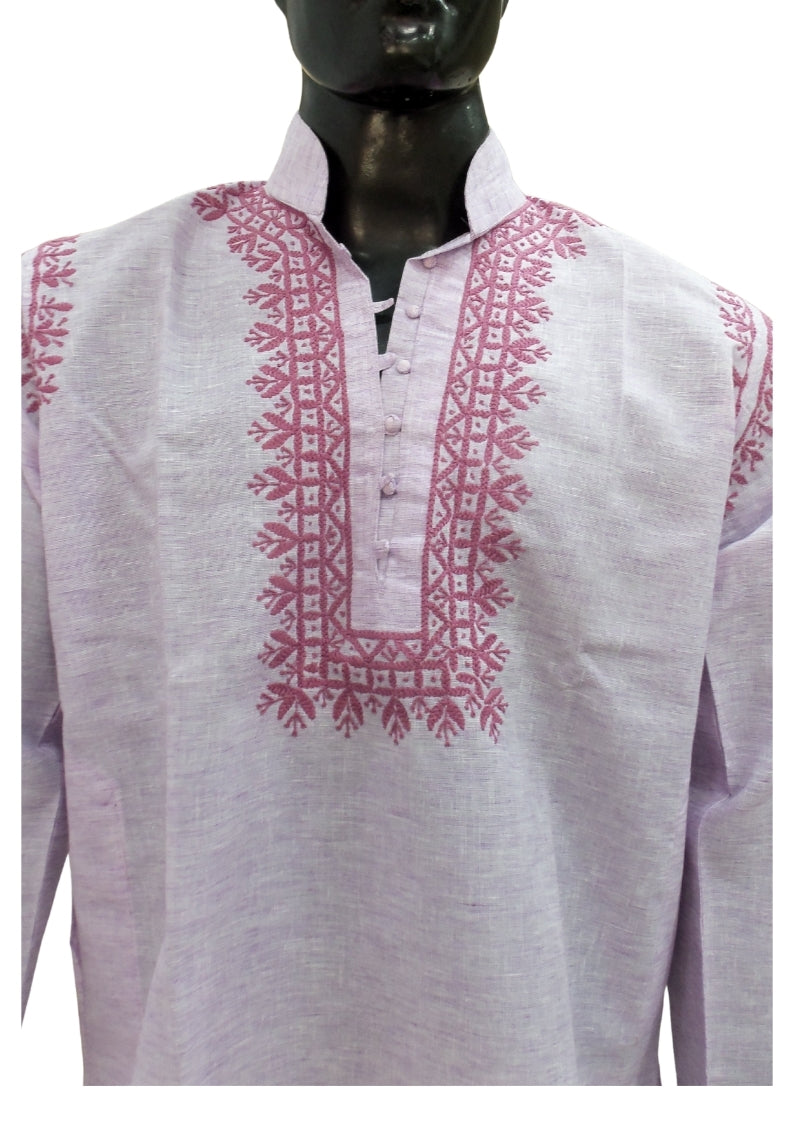 Shyamal Chikan Hand Embroidered Pink Cotton Lucknowi Chikankari Men's Kurta – S1369