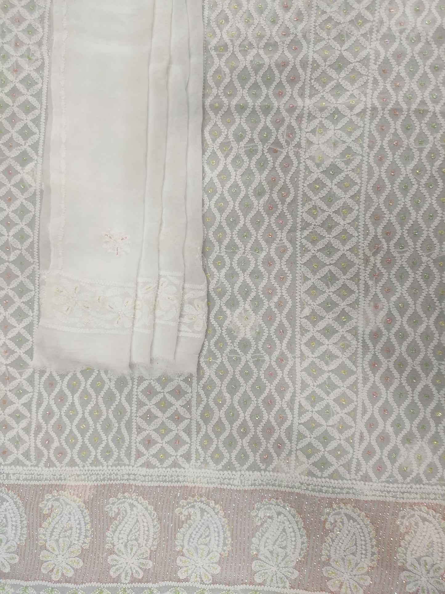 Shyamal Chikan Hand Embroidered White Viscose Georgette Lucknowi Chikankari Unstitched Suit Piece With Cutdana Work ( Kurta Dupatta Set) - S16589