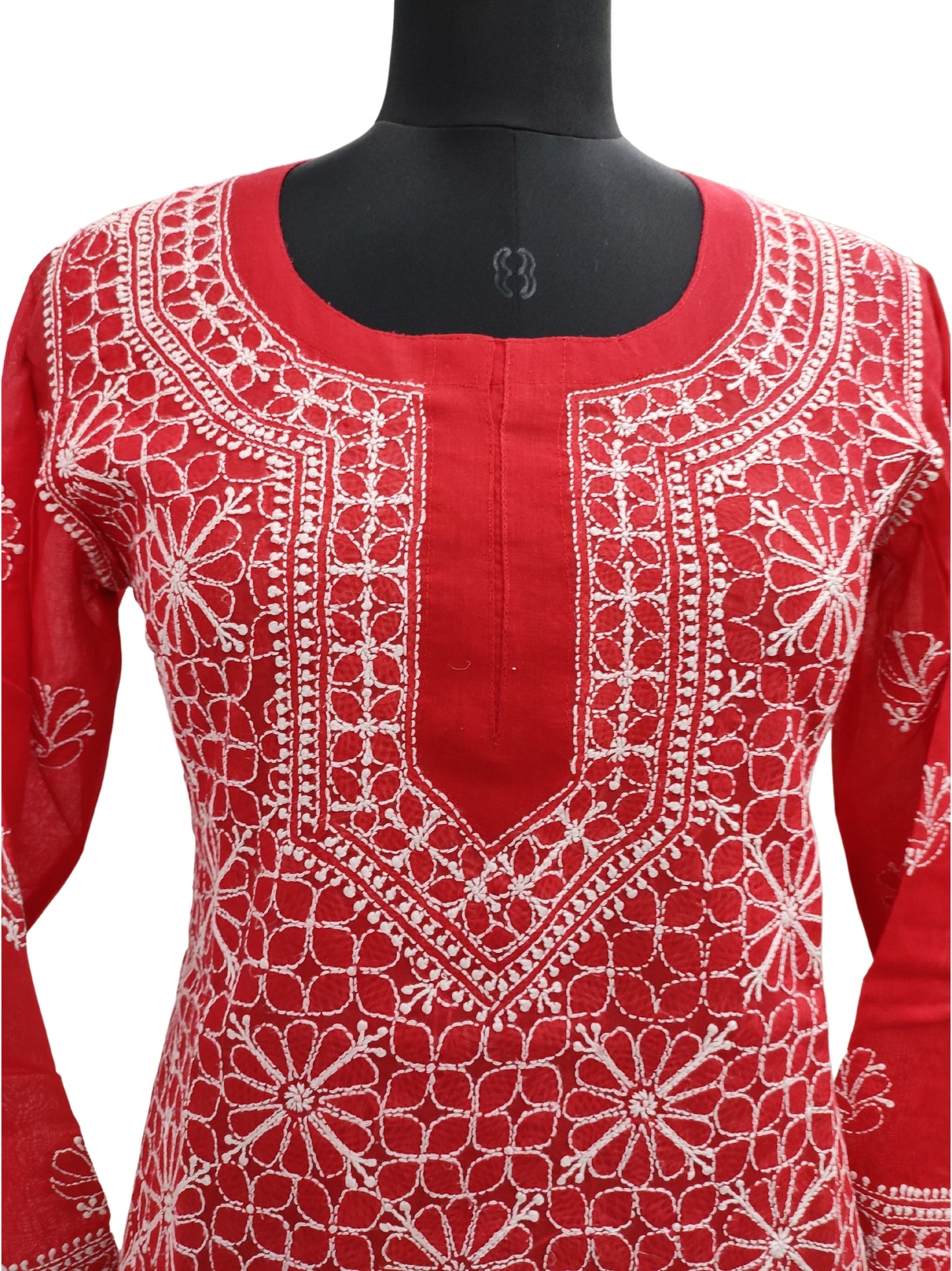 Shyamal Chikan Hand Embroidered Red Cotton Lucknowi Chikankari Short Top- S12279