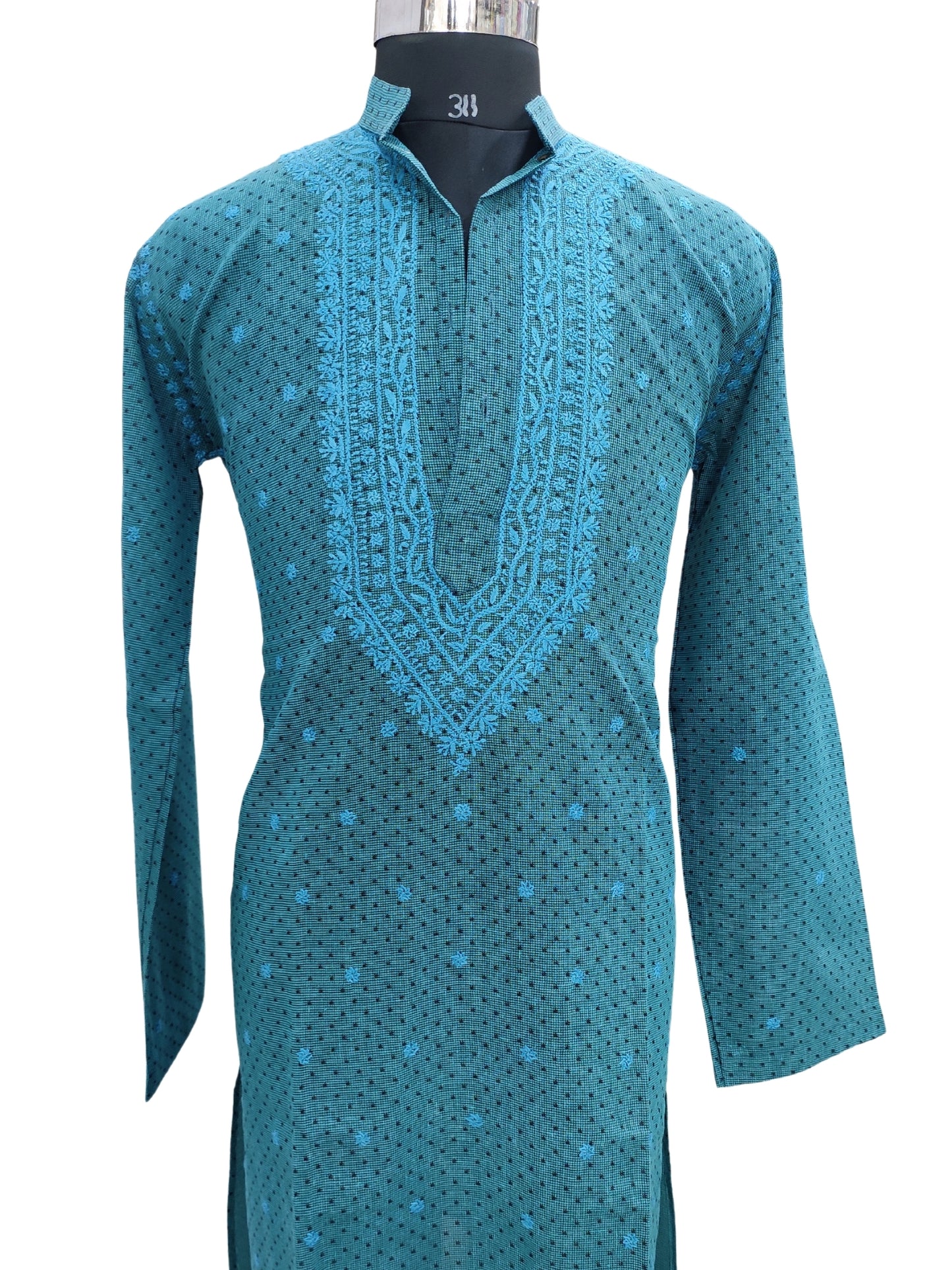 Shyamal Chikan Hand Embroidered Blue Cotton Lucknowi Chikankari Men's Kurta – S10951
