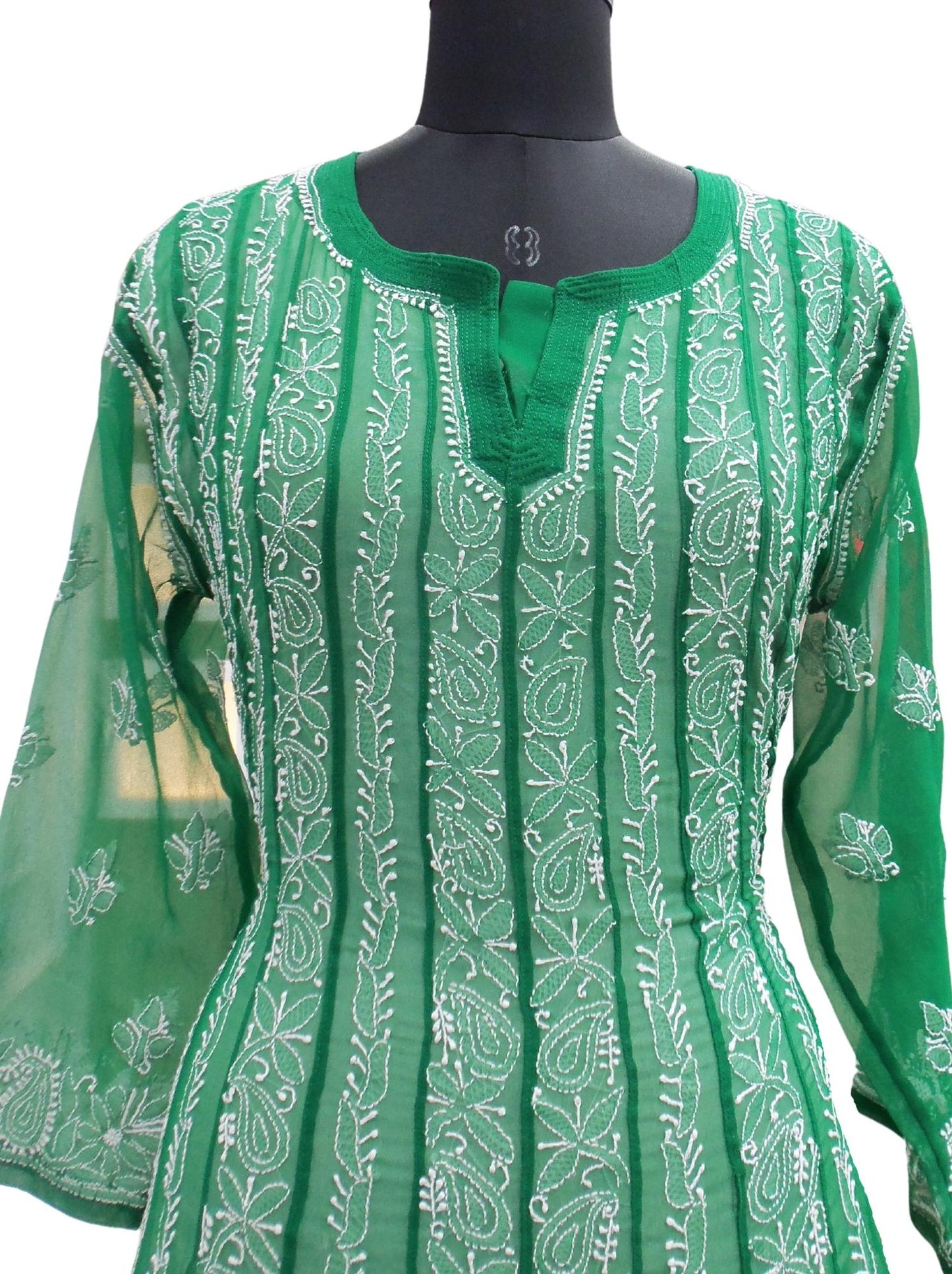 Shyamal Chikan Hand Embroidered Green Georgette Lucknowi Chikankari Anarkali - S580