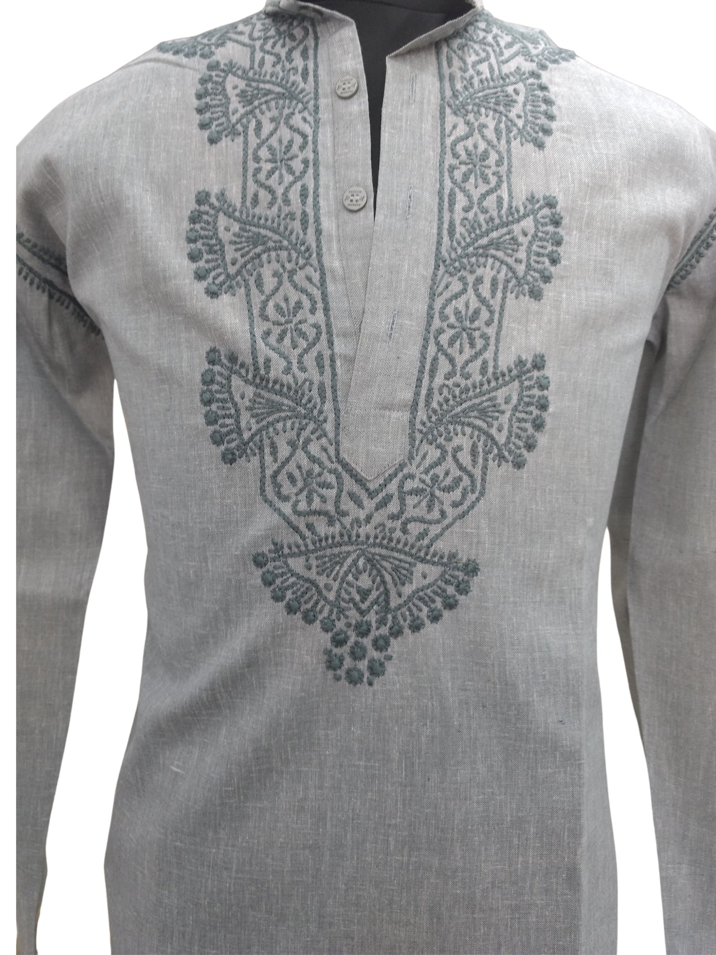 Shyamal Chikan Hand Embroidered Grey Cotton Lucknowi Chikankari Men's Kurta – S6841