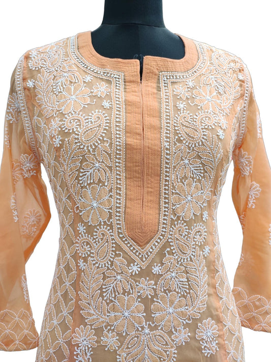 Shyamal Chikan Hand Embroidered Orange Georgette Lucknowi Chikankari Kurti - S13598