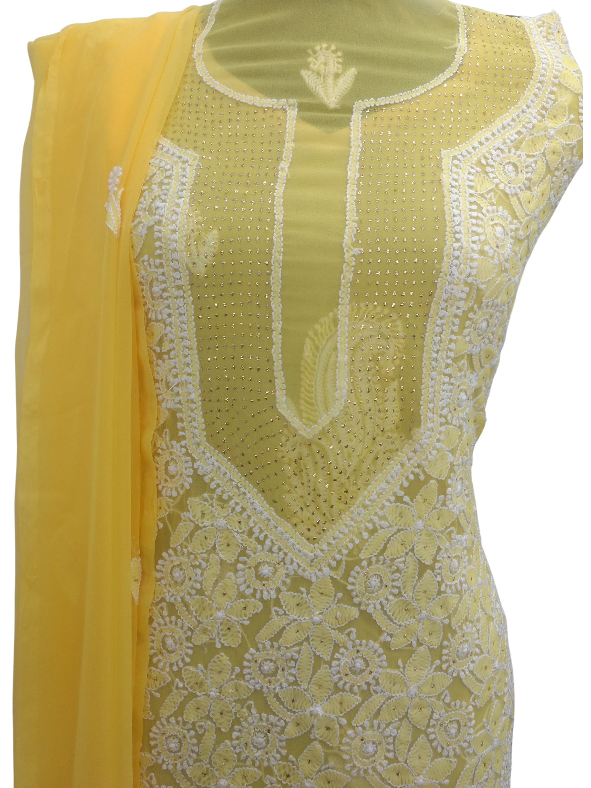 Shyamal Chikan Hand Embroidered Yellow Georgette Lucknowi Chikankari Unstitched Suit Piece With Mukaish Embellishment - S7653 - Shyamal Chikan