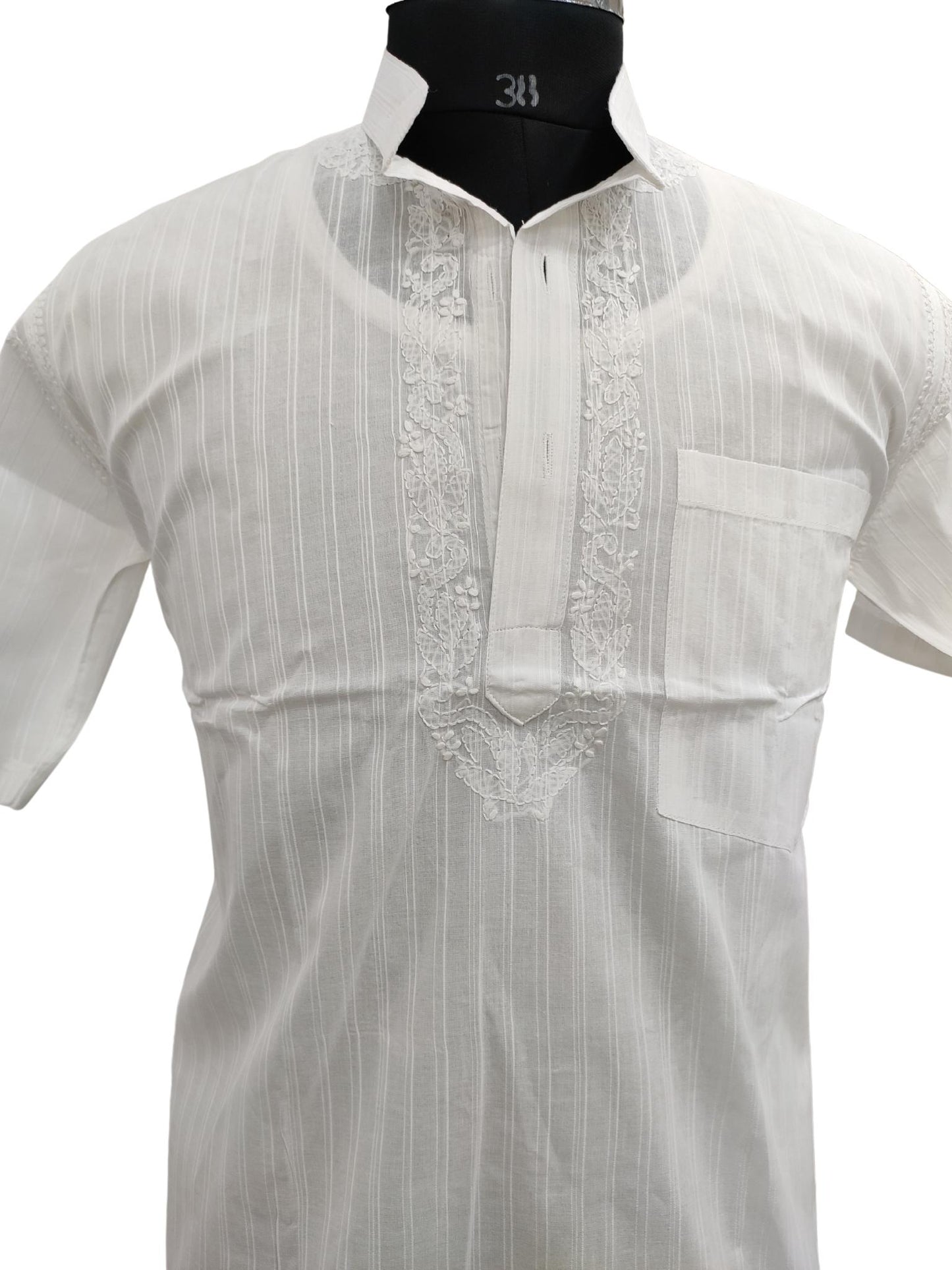 Shyamal Chikan Hand Embroidered White Cotton Lucknowi Chikankari Men's Short Kurta – S15751