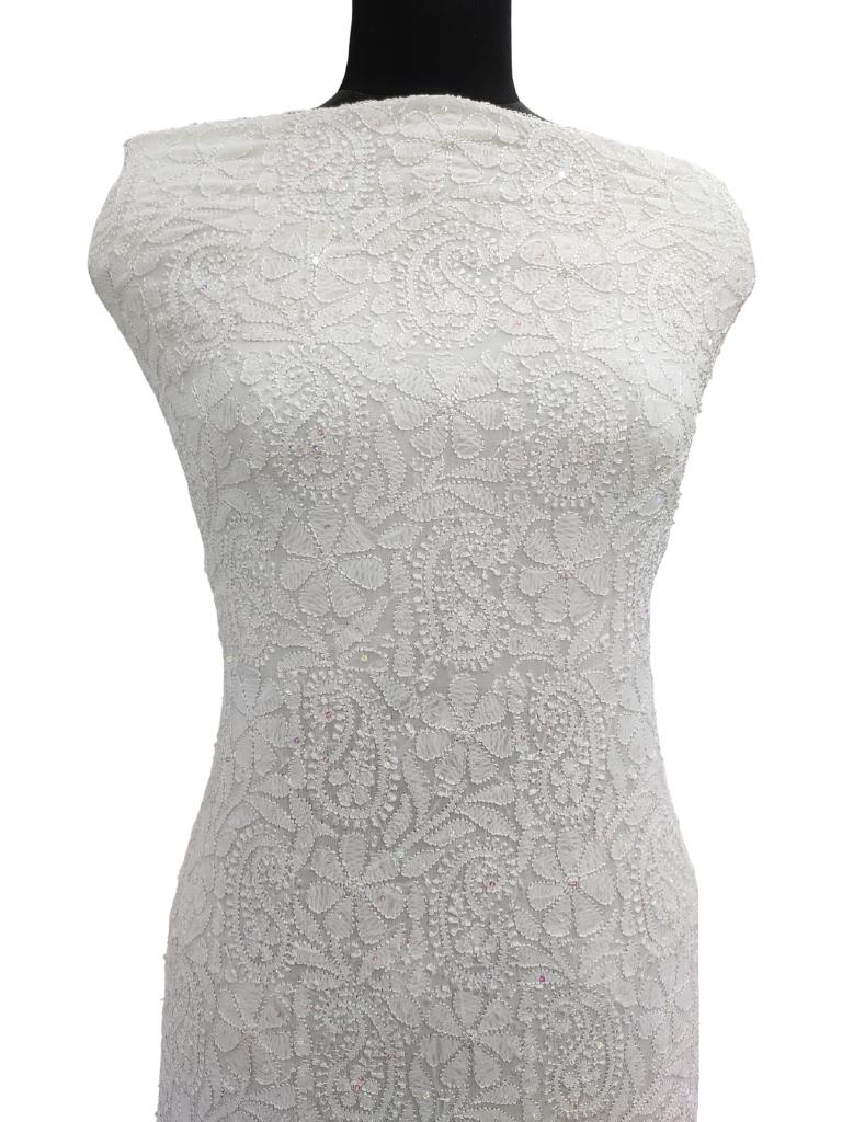 Shyamal Chikan Hand Embroidered White Viscose Georgette Lucknowi Chikankari Unstitched Kurta Piece With Parsi And Sequin Work - S5746 - Shyamal Chikan
