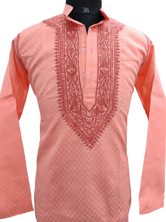 Shyamal Chikan Hand Embroidered Peach Cotton Lucknowi Chikankari Men's Kurta – S18562