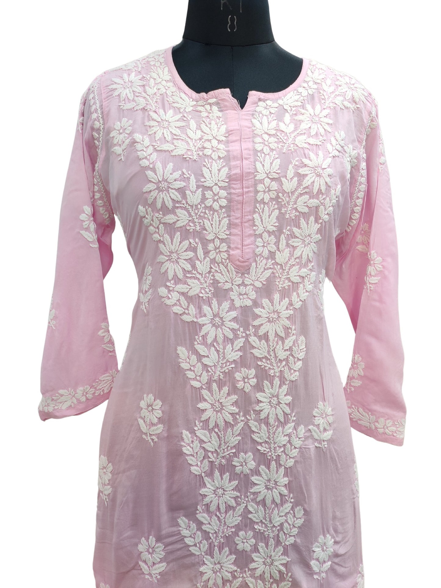 Shyamal Chikan Hand Embroidered Pink Modal Cotton Lucknowi Chikankari Kurti- S18854
