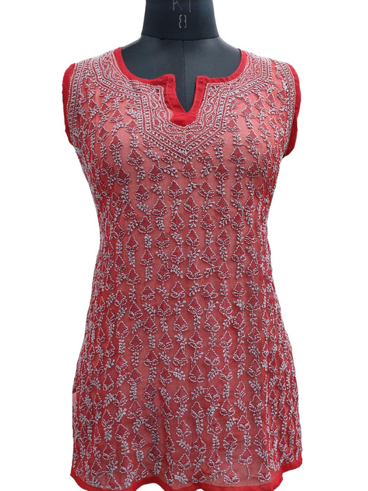 Shyamal Chikan Hand Embroidered Red Georgette Lucknowi Chikankari Sleeveless Short Top - S16912