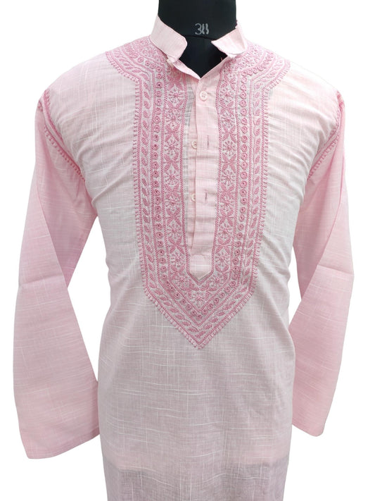 ShyamaChikan Hand Embroidered Pink Cotton Lucknowi Chikankari Men's Kurta –S18465
