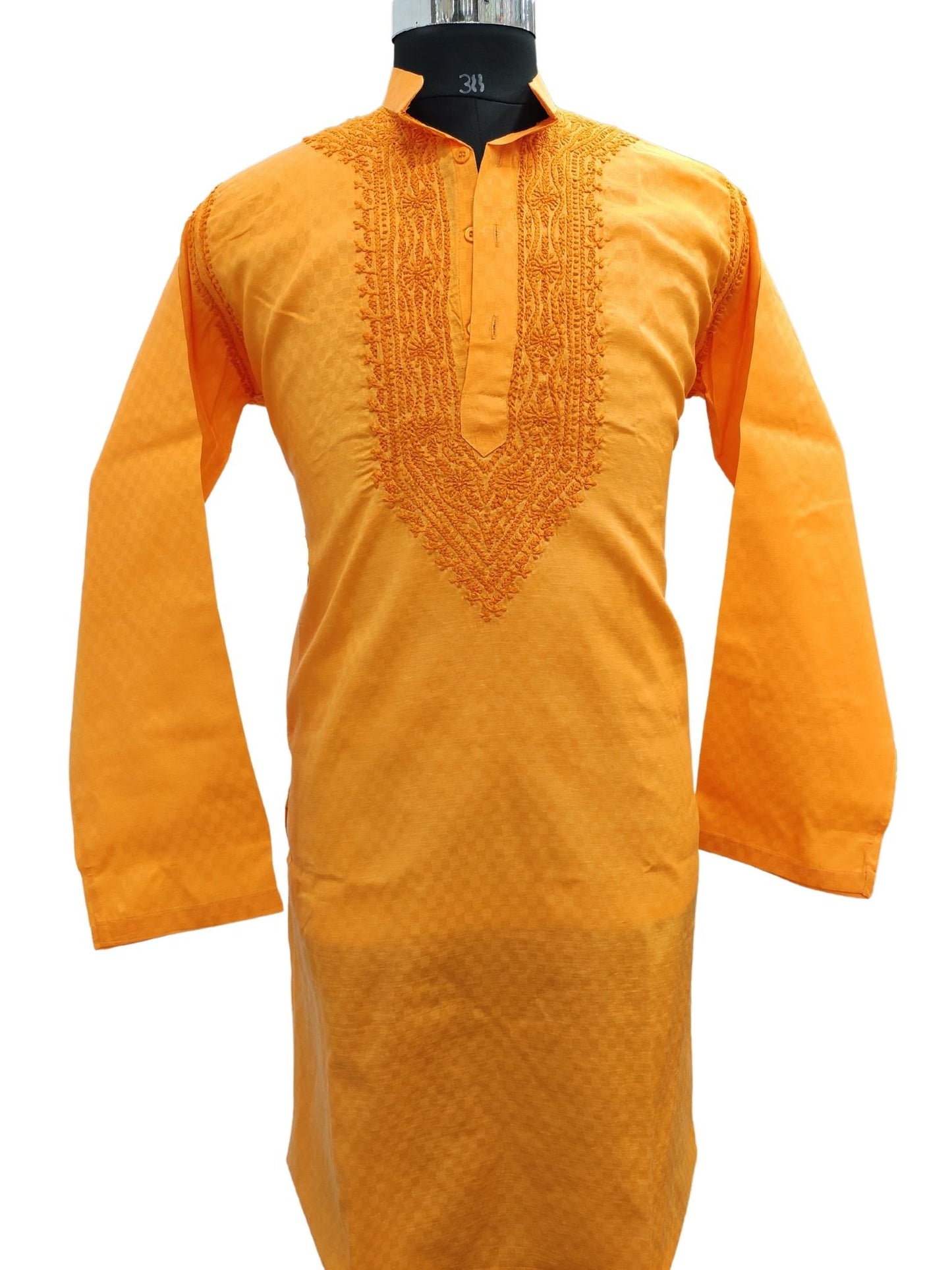 Shyamal Chikan Hand Embroidered Orange Cotton Lucknowi Chikankari Men's Kurta – S16809