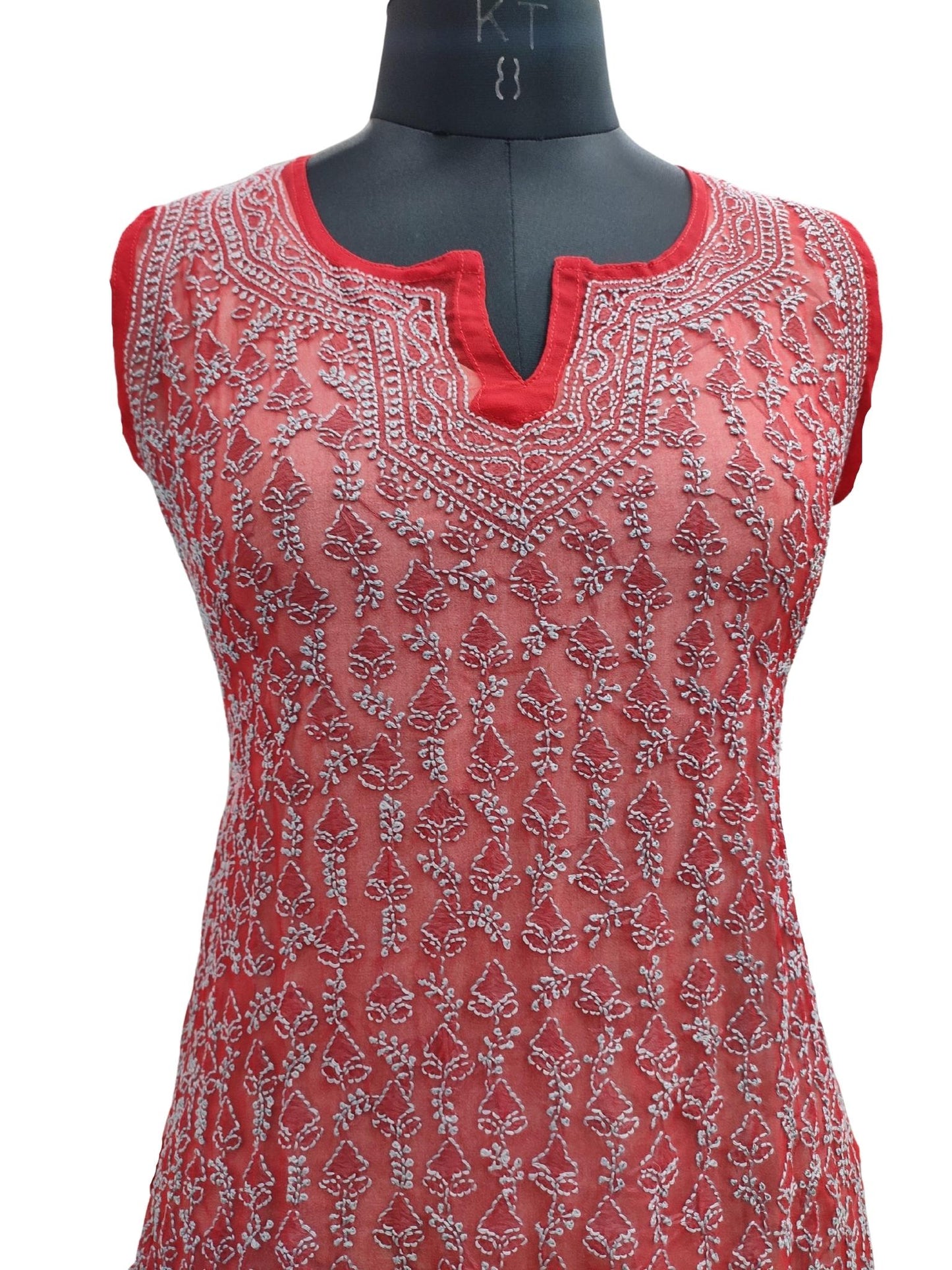 Shyamal Chikan Hand Embroidered Red Georgette Lucknowi Chikankari Sleeveless Short Top - S16912