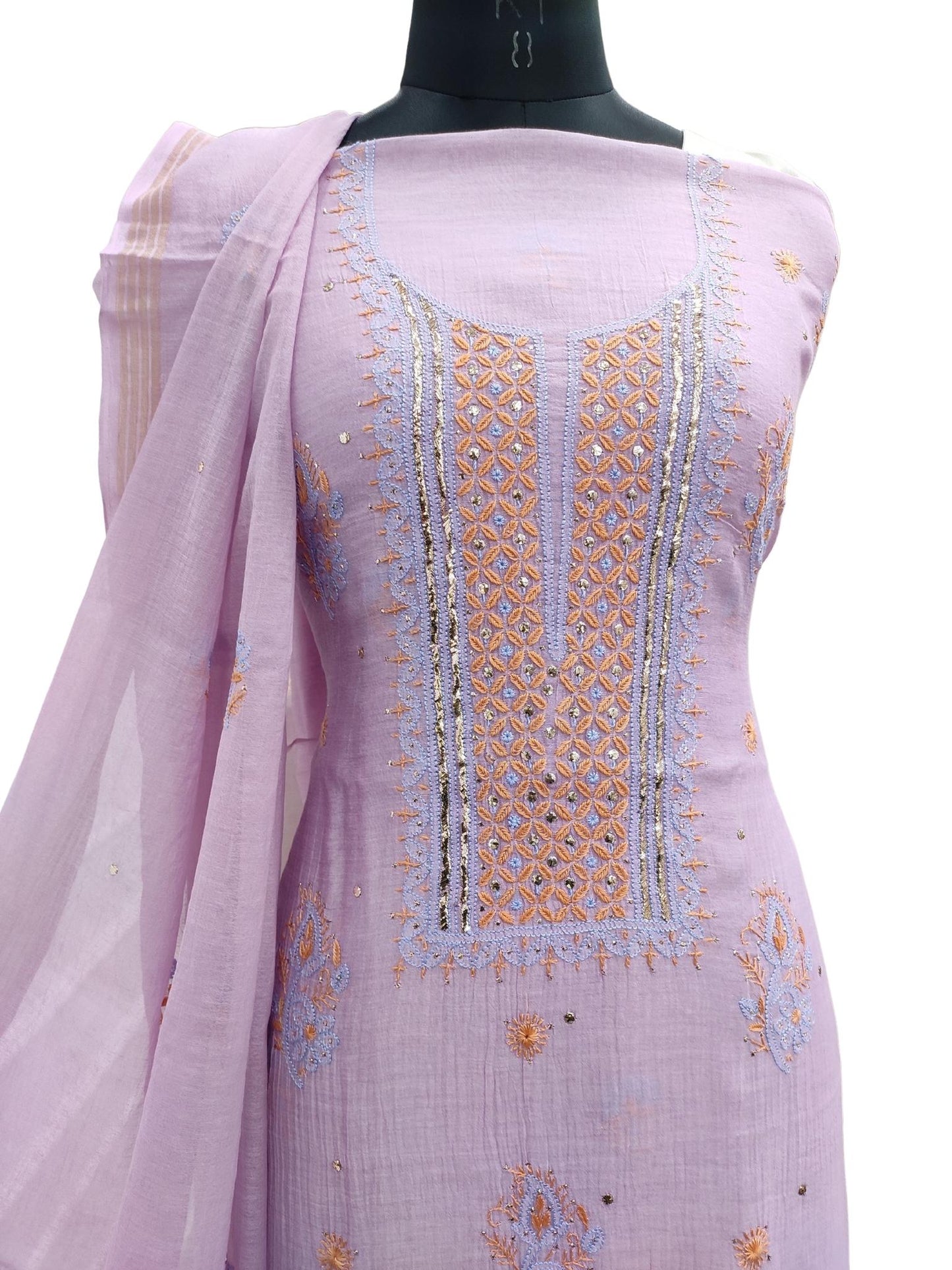 Shyamal Chikan Hand Embroidered Purple  Mulmul Chanderi Lucknowi Chikankari Unstitched Suit Piece With Mukaish Work ( Kurta Dupatta Set ) - S17142