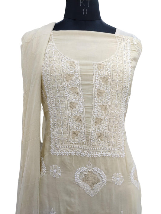 Shyamal Chikan Hand Embroidered Beige Cotton All-Over Lucknowi Chikankari Unstitched Suit Piece With Jaali Work - S18226