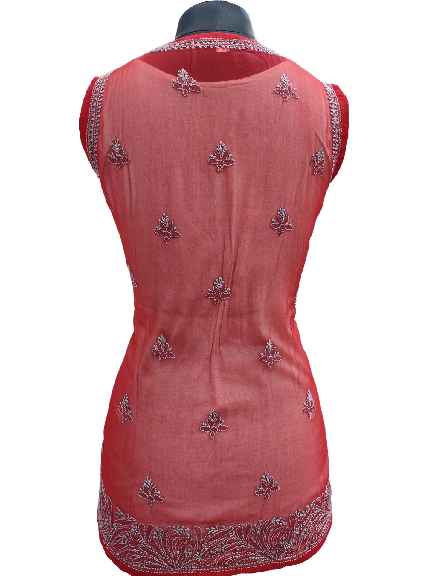 Shyamal Chikan Hand Embroidered Red Georgette Lucknowi Chikankari Sleeveless Short Top - S16912