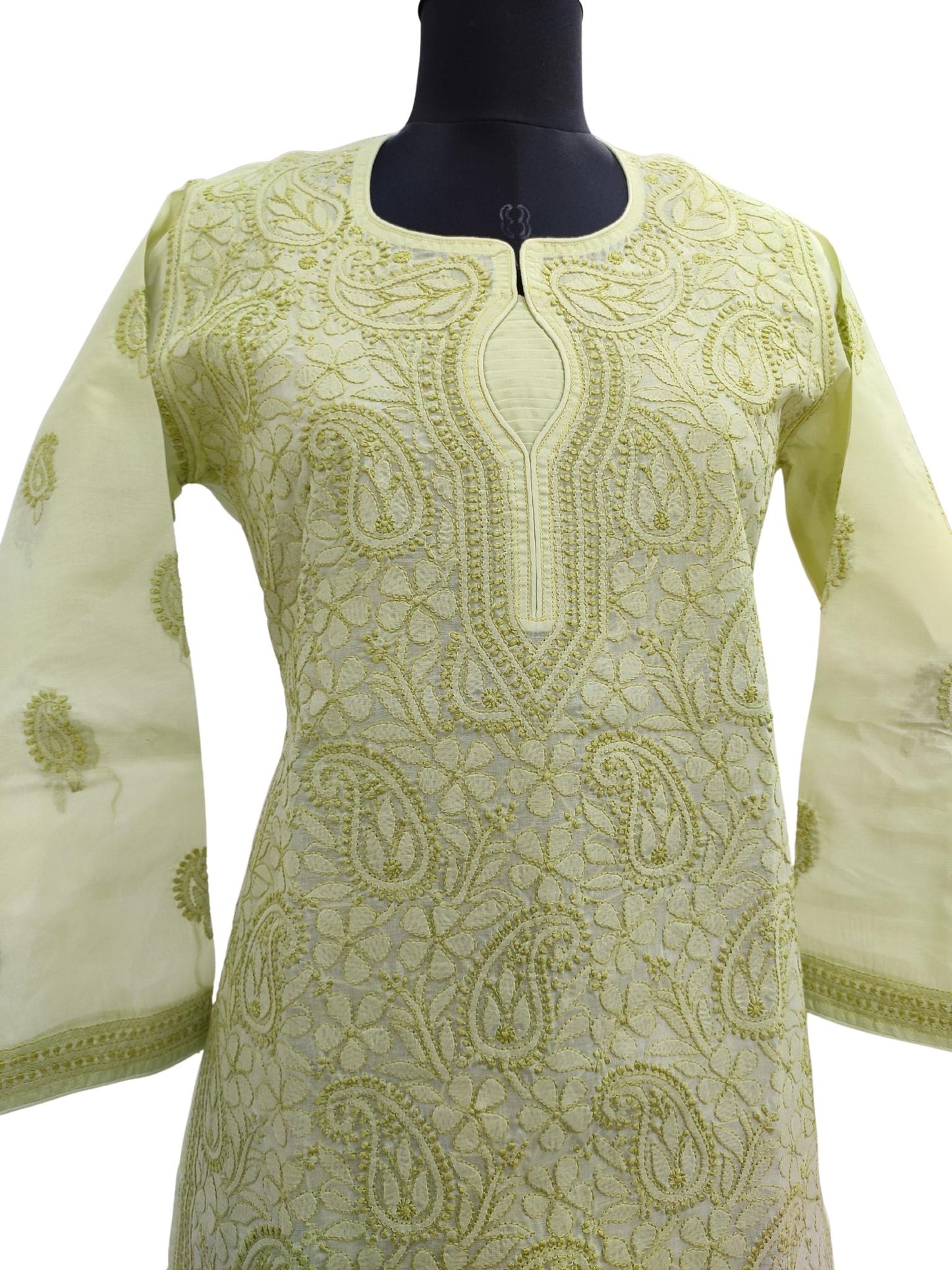 Shyamal Chikan Hand Embroidered Mehandi Green Cotton Lucknowi Chikankari Kurti- S892