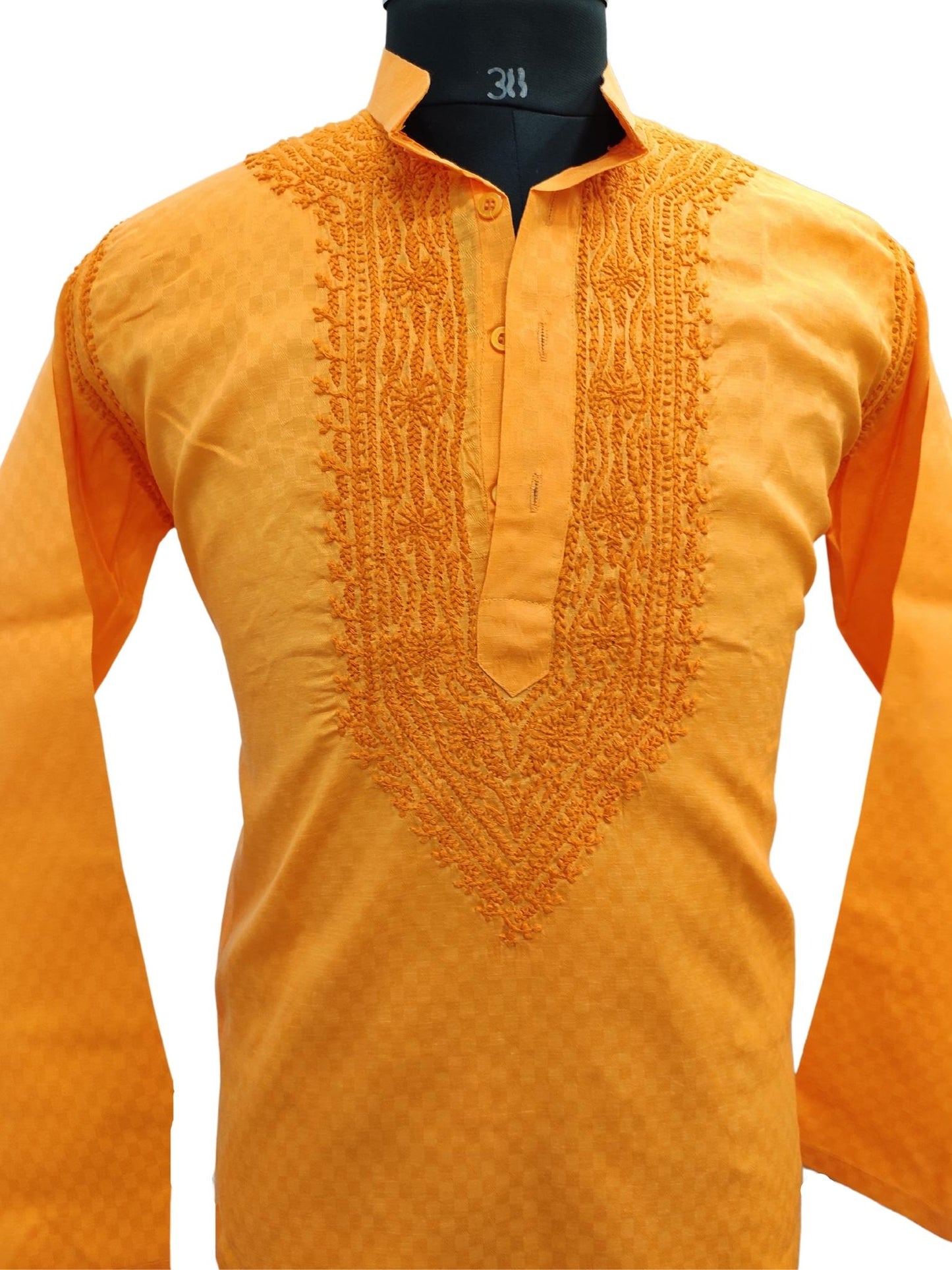 Shyamal Chikan Hand Embroidered Orange Cotton Lucknowi Chikankari Men's Kurta – S18854