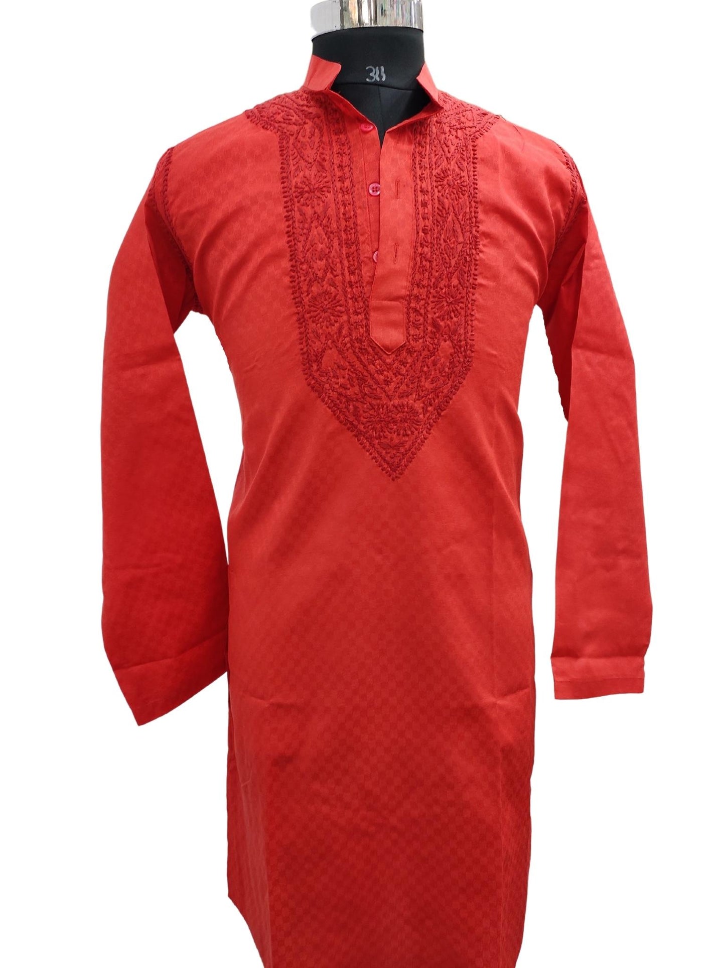 Shyamal Chikan Hand Embroidered Red Cotton Lucknowi Chikankari Men's Kurta – S16807