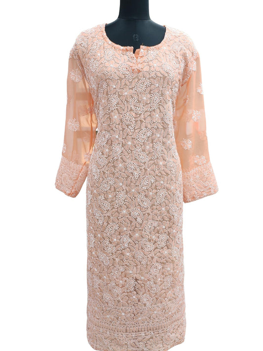 Shyamal Chikan Hand Embroidered Peach Georgette Lucknowi Chikankari Kurti - S11336