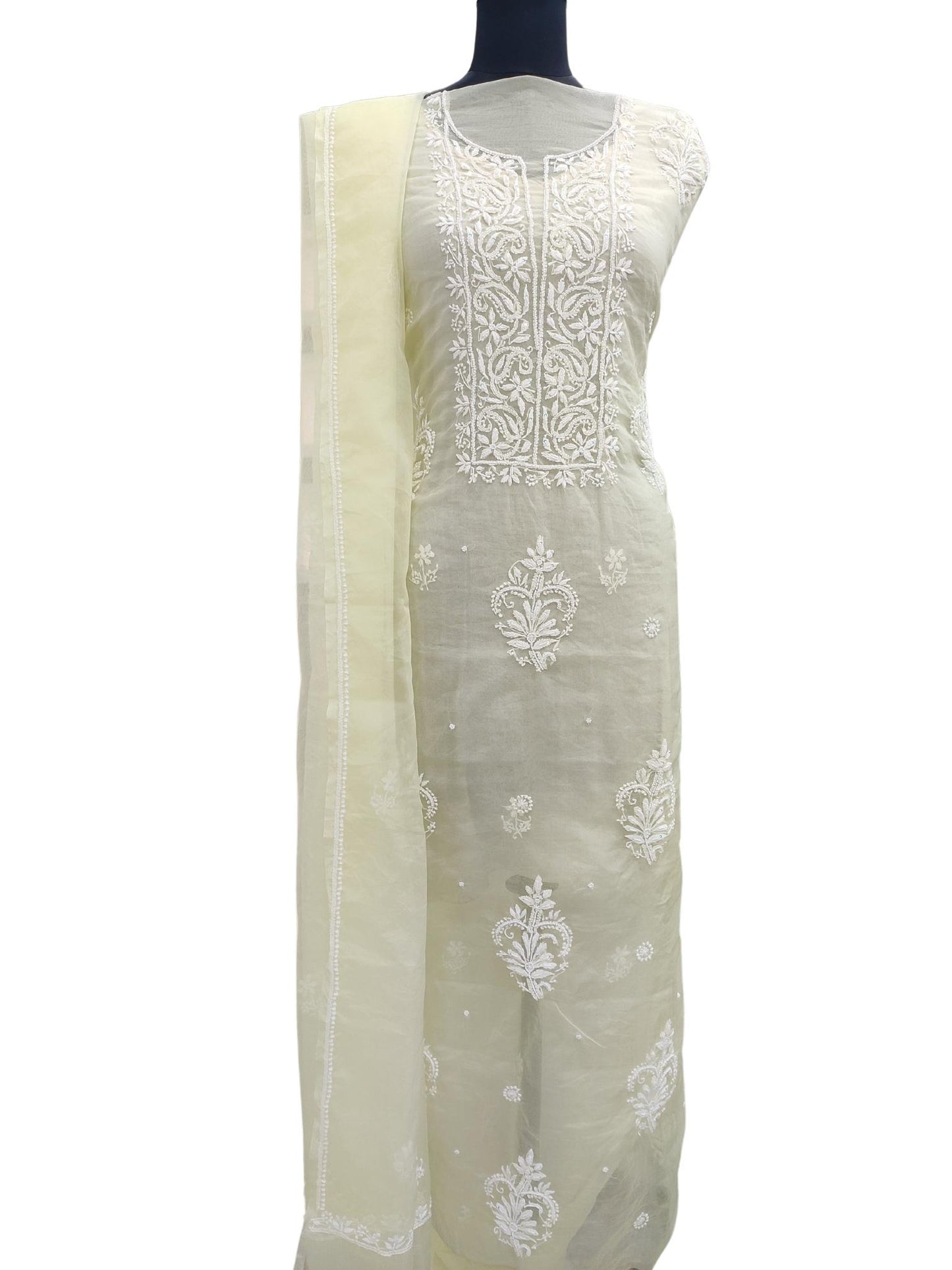 Shyamal Chikan Hand Embroidered Lemon Organza Lucknowi Chikankari Unstitched Suit Piece ( Set of 2 ) With Pearl and Sequence Work - S16150