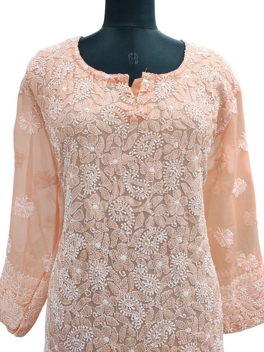 Shyamal Chikan Hand Embroidered Peach Georgette Lucknowi Chikankari Kurti - S11336