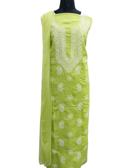 Shyamal Chikan Hand Embroidered Green Cotton Lucknowi Chikankari Unstitched Suit Piece S19422