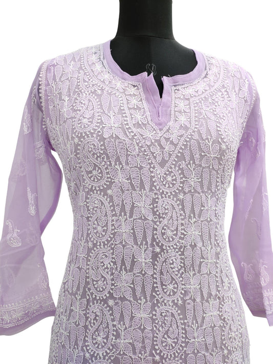 Shyamal Chikan Hand Embroidered  Purple Georgette Lucknowi Chikankari Short Top- S15697