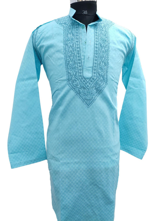 Shyamal Chikan Hand Embroidered Blue Cotton Lucknowi Chikankari Men's Kurta – S16797