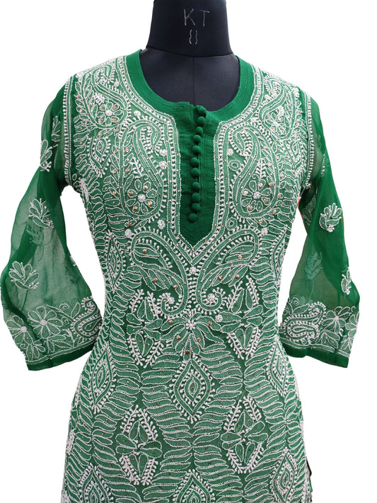 Shyamal Chikan Hand Embroidered Work Green Georgette Lucknowi Chikankari Kurti With Mukaish Work- S16217