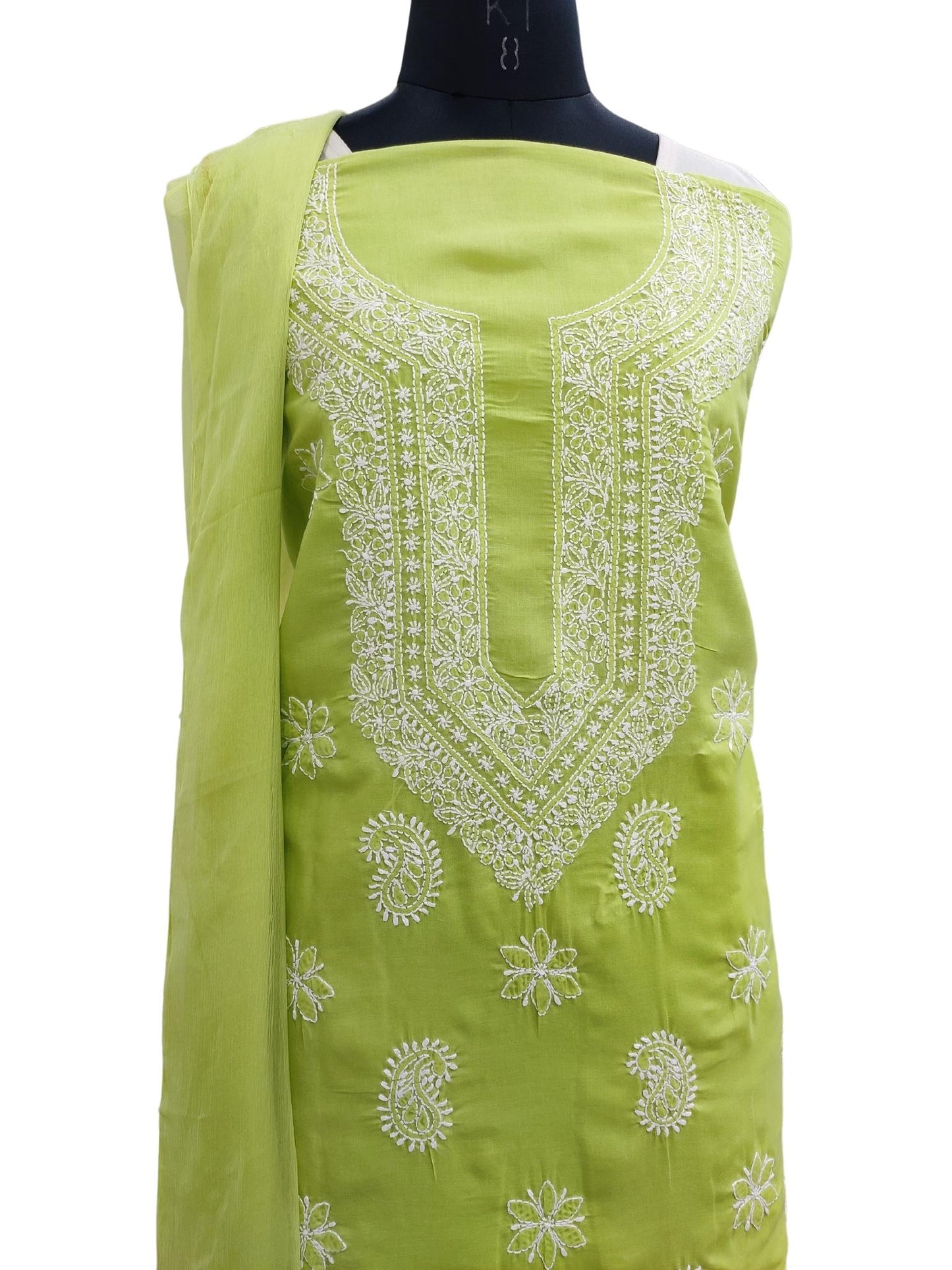 Shyamal Chikan Hand Embroidered Green Cotton Lucknowi Chikankari Unstitched Suit Piece S19422